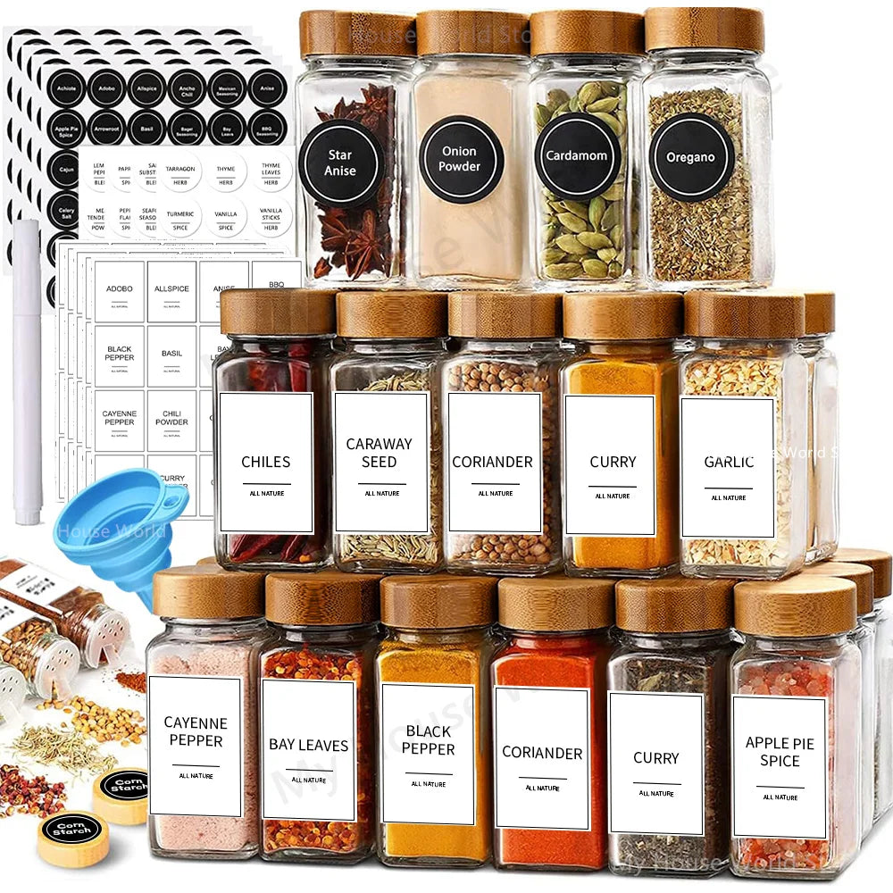 Glass Spice Jars with Bamboo Lids — Set of 13 (4oz)