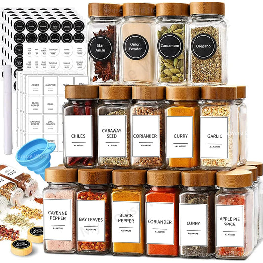 Glass Spice Jars with Bamboo Lids — Set of 13 (4oz)