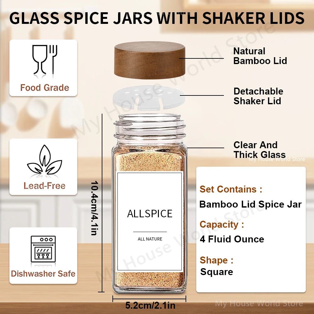 Glass Spice Jars with Bamboo Lids — Set of 13 (4oz)