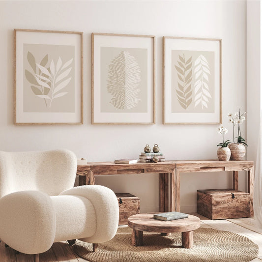 Botanical Beige Wall Art Set — 3 Prints for Minimal Home Decor
